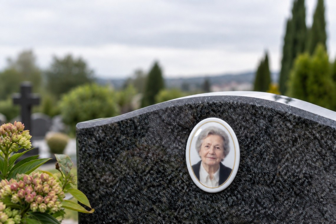 Médaillon photo en porcelaine couleur fixé sur la stèle d'un monument funéraire