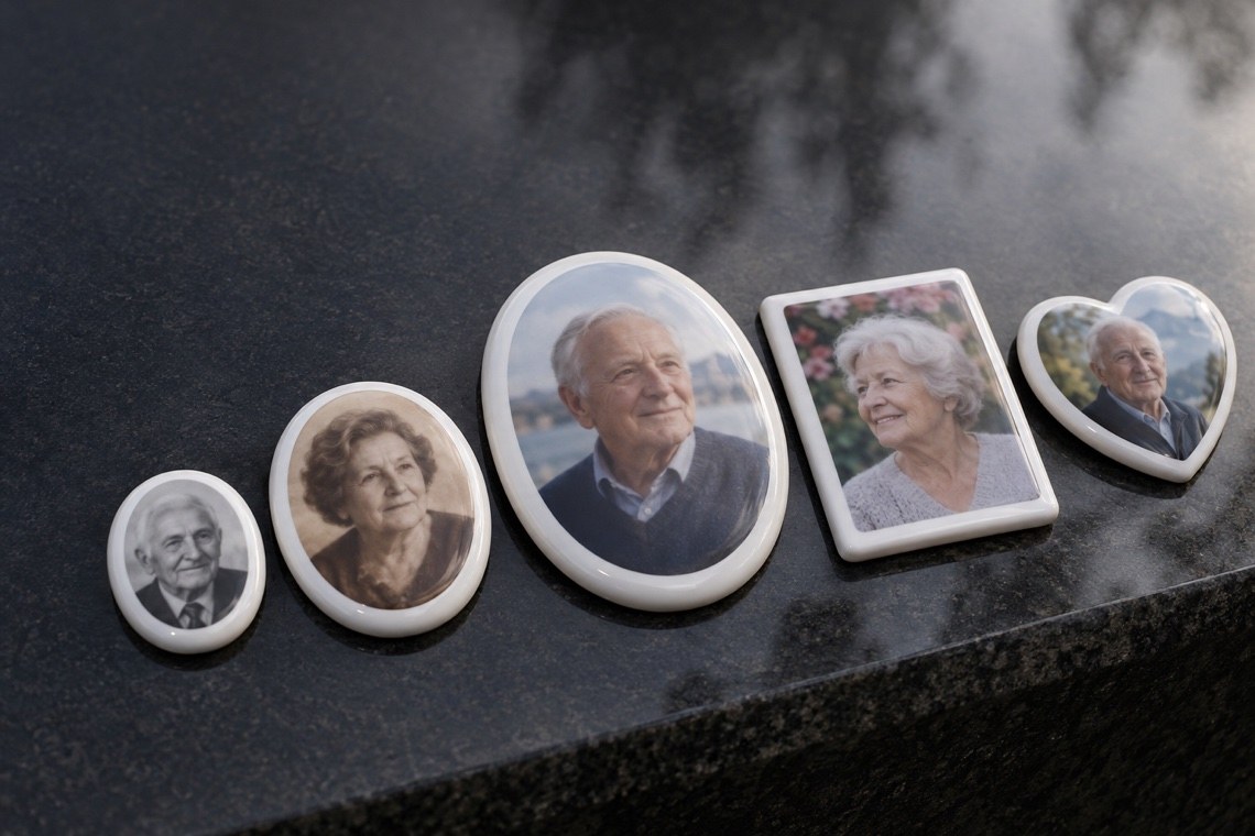 Médaillons photo en porcelaine de plusieurs tailles et finitions, posés sur un granit noir poli