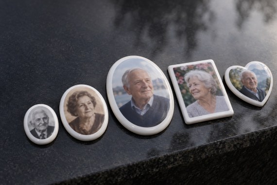 Médaillons photo en porcelaine de plusieurs tailles et finitions, posés sur un granit noir poli
